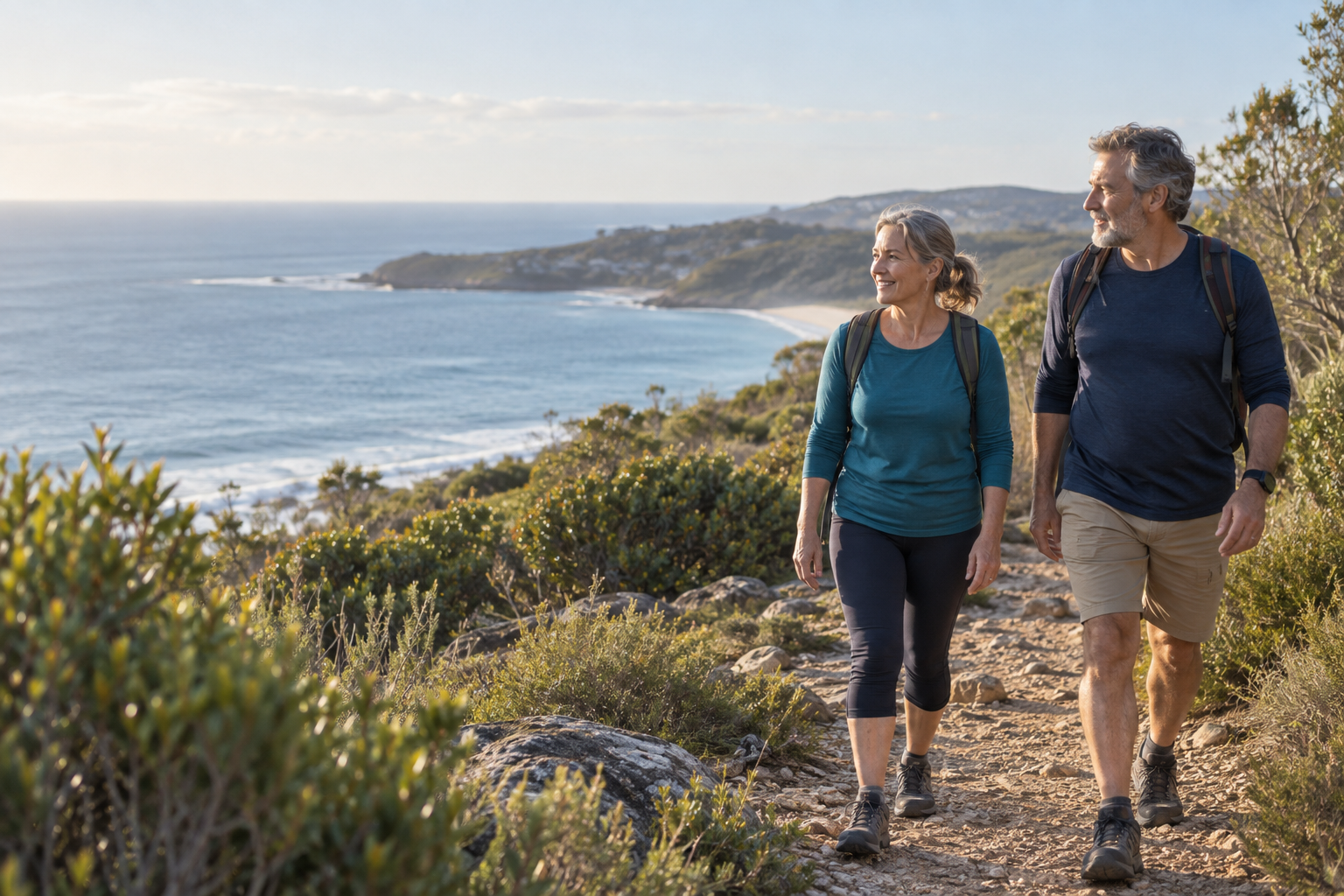 Two adults enjoying a morning walk on an Australian coastal track